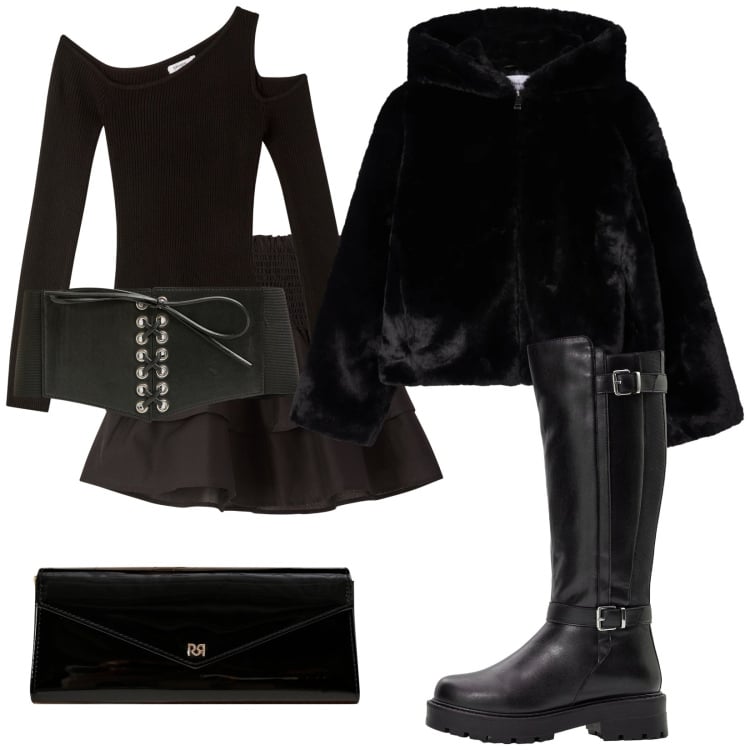 Outfit donna - Rock low cost. Stile Rock per Serata fuori. Abbinamento con stivali, minigonne, ecopellicce, maglieria, cinture, pochette.