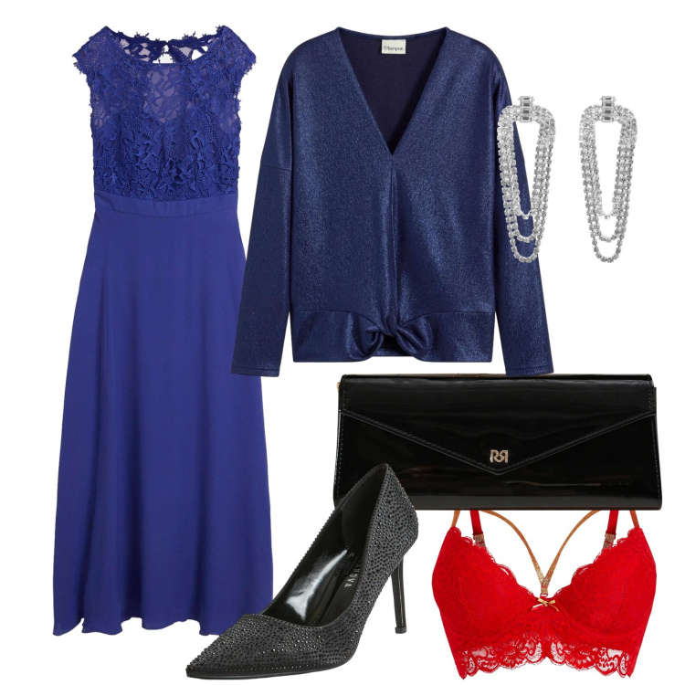 Outfit donna - Capodanno in blu. Stile Chic per Serata fuori. Abbinamento con vestiti lunghi, reggiseni, bluse, pochette, décolleté, orecchini.