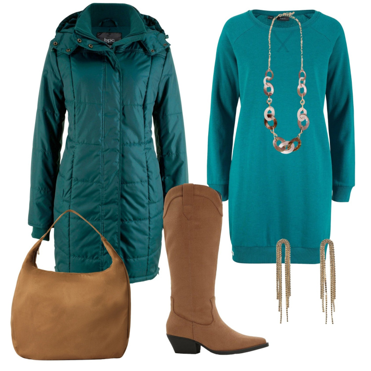 Outfit donna - Total look #2308055. Stile Casual chic per Ufficio. Abbinamento con stivali, vestiti, giacche, orecchini, borse a mano, collane.