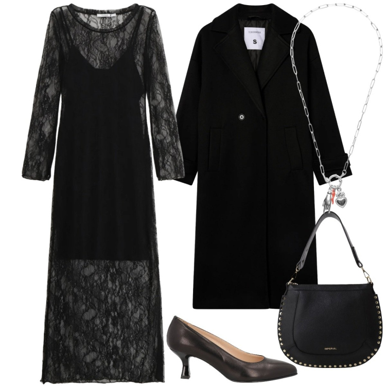 Outfit donna - Total look #2308057. Stile Chic per Serata fuori. Abbinamento con décolleté, cappotti, vestiti lunghi, borse a spalla, ciondoli.