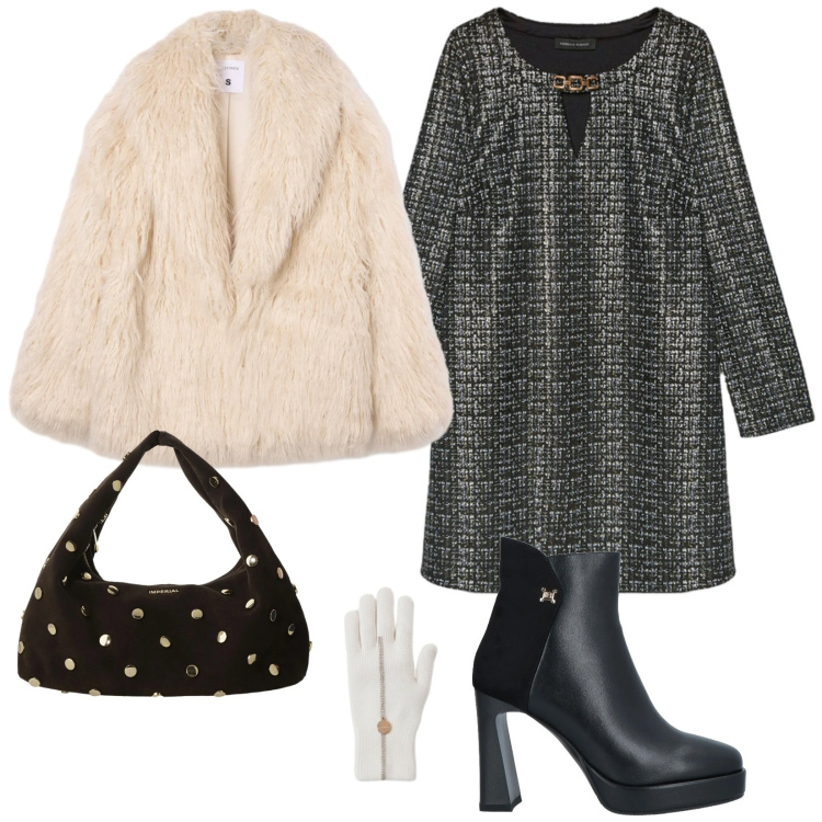 Outfit donna - S.silvestro. Stile Bon Ton per Serata fuori. Abbinamento con stivaletti, guanti, ecopellicce, borse a spalla, vestiti corti.