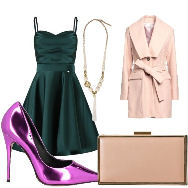 Outfit donna - look party. Stile Glamour per Serata fuori. Abbinamento con cappotti, décolleté, pochette, vestiti corti, ciondoli.