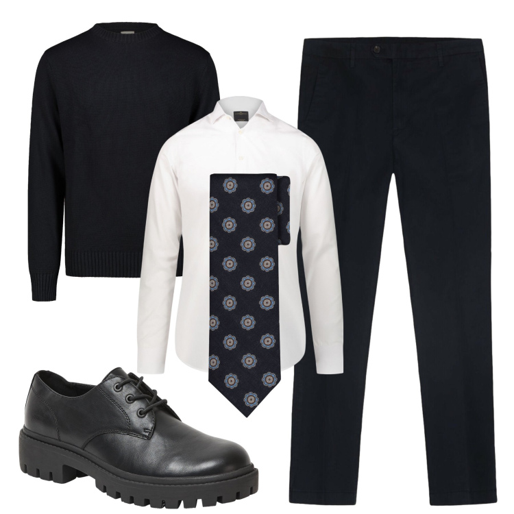 Outfit uomo - Blue dark. Stile Business/Elegante per Serata speciale. Abbinamento con scarpe stringate, maglieria, camicie, cravatte, pantaloni.