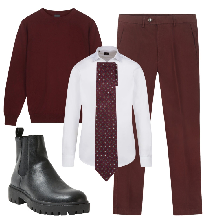 Outfit uomo - Red dark. Stile Business/Elegante per Serata speciale. Abbinamento con stivali e stivaletti, maglieria, pantaloni chino, cravatte, camicie.