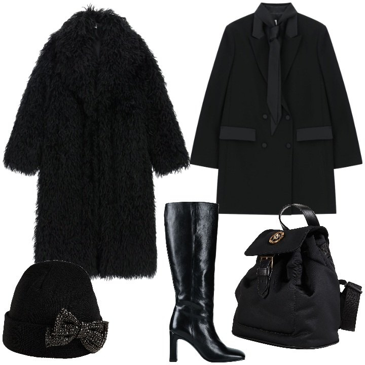 Outfit donna - Dark e chic. Stile Chic per Serata fuori. Abbinamento con zaini, cappelli, stivali, cappotti, vestiti corti.