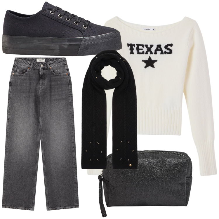 Outfit donna - Vacanza in America. Stile Basic per Tutti i giorni. Abbinamento con sneakers, sciarpe, valigie, jeans, maglieria.