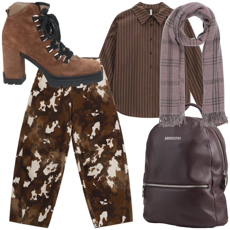 Outfit donna - Viaggetto glamour. Stile Sporty chic per Tutti i giorni. Abbinamento con sciarpe, stivaletti, zaini, pantaloni a palazzo, camicie.