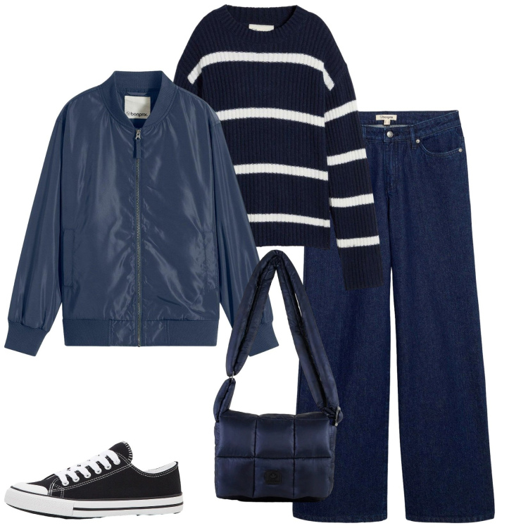 Outfit donna - Total look #2308093. Stile Casual per Tutti i giorni. Abbinamento con bomber, jeans, sneakers, maglieria, borse a spalla.