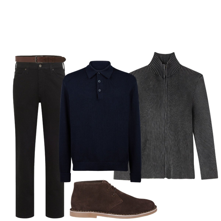 Outfit uomo - Cardigancaposaldo dello stile. Stile Trendy per Tutti i giorni. Abbinamento con jeans dritti, cardigans, cinture, stivali e stivaletti, polo.