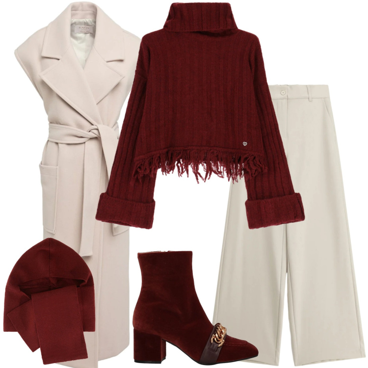 Outfit donna - Regalati un outfit. Stile Casual chic per Serata fuori. Abbinamento con cappotti, stivaletti, maglieria, sciarpe, pantaloni a palazzo.