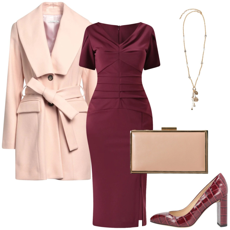 Outfit donna - Pranzo di lavoro per le feste Natalizie. Stile Casual chic per Tutti i giorni. Abbinamento con décolleté, cappotti, vestiti midi/longuette, pochette, ciondoli.