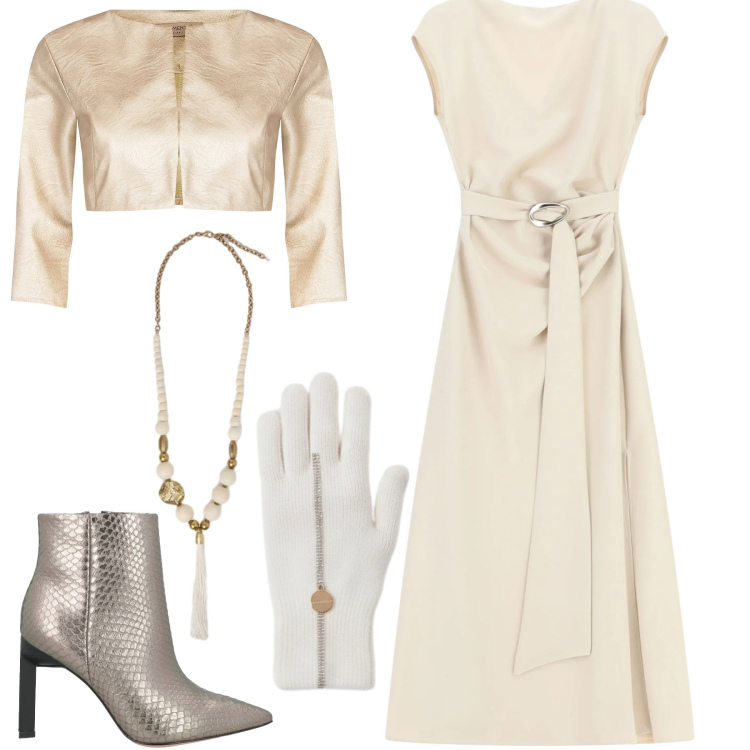 Outfit donna - Golden party. Stile Chic per Serata fuori. Abbinamento con stivaletti, bolero, guanti, vestiti lunghi, ciondoli.