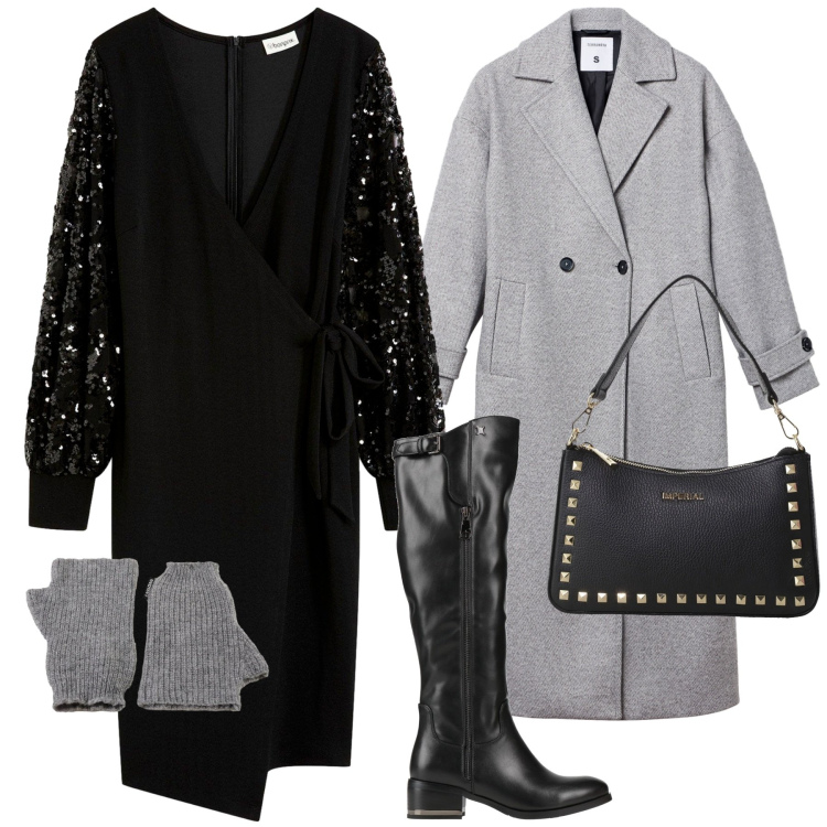 Outfit donna - Regalati un outfit. Stile Romantica per Serata fuori. Abbinamento con vestiti midi/longuette, stivali, cappotti, pochette, guanti.