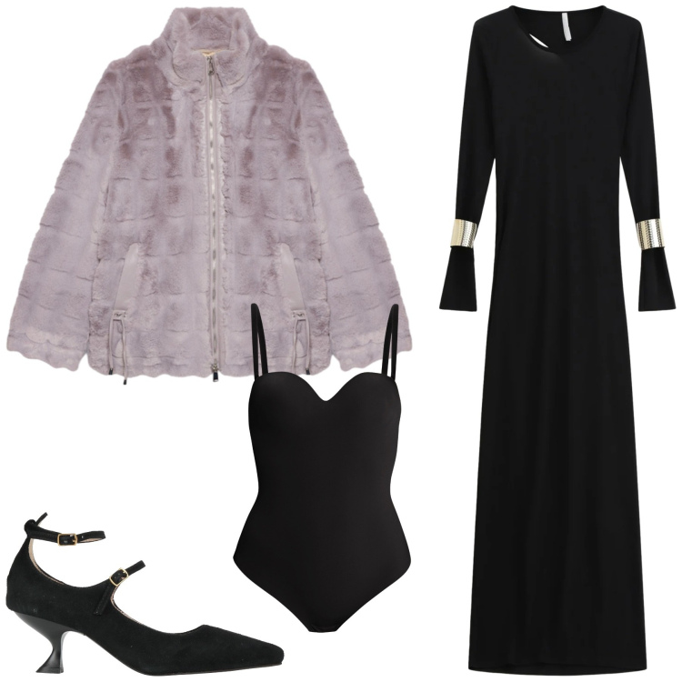 Outfit donna - Eleganza al cenone. Stile Glamour per Serata fuori. Abbinamento con décolleté, body, vestiti lunghi, ecopellicce.