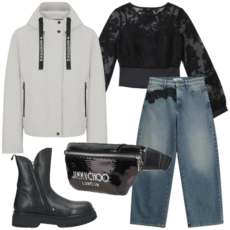 Outfit donna - Total look #2308116. Stile Trendy per Tutti i giorni. Abbinamento con stivaletti, marsupi, jeans, bluse, blazer.