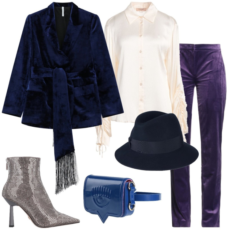 Outfit donna - Serata in velluto. Stile Chic per Serata fuori. Abbinamento con stivaletti, cappelli, camicie, pantaloni, marsupi, blazer.