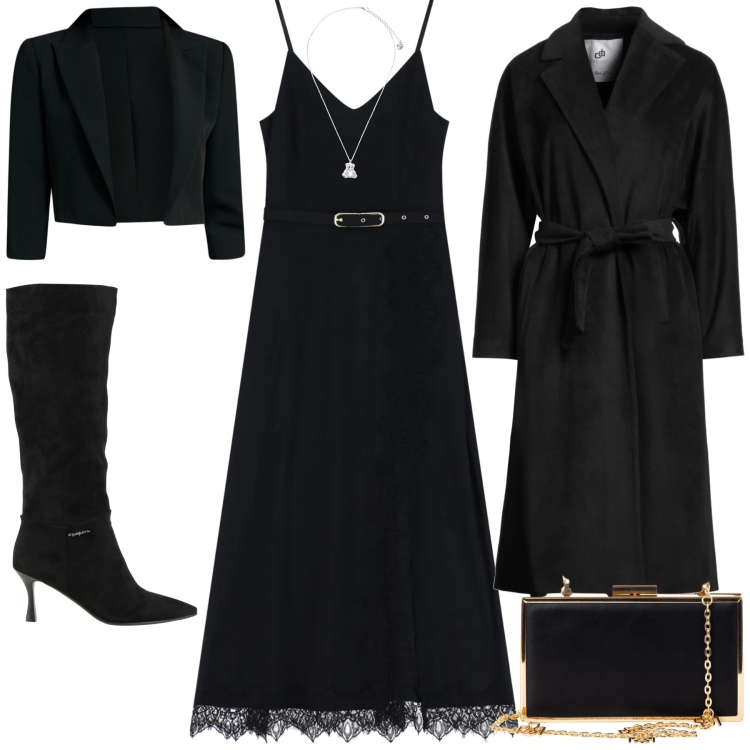 Outfit donna - Romantica in nero. Stile Romantica per Serata fuori. Abbinamento con cappotti, stivali, pochette, bolero, vestiti lunghi, ciondoli.