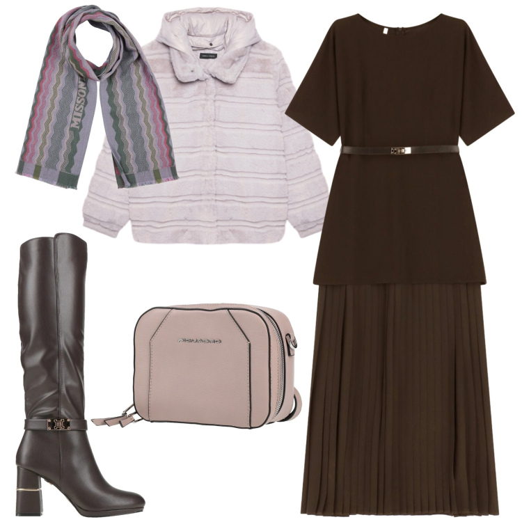 Outfit donna - A dicembre. Stile Casual chic per Tutti i giorni. Abbinamento con stivali, marsupi, sciarpe, vestiti lunghi, ecopellicce.