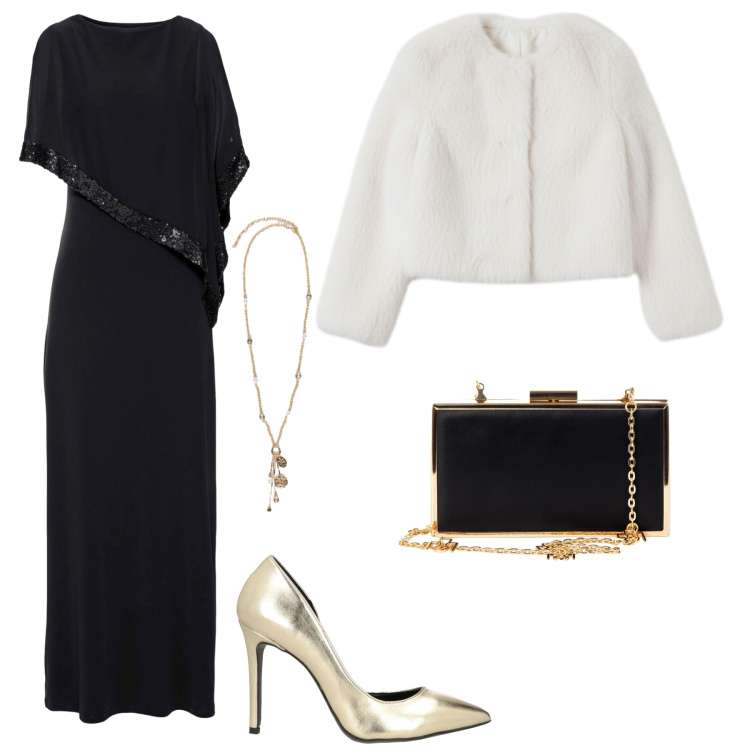 Outfit donna - Party Ready. Stile Chic per Serata fuori. Abbinamento con vestiti, décolleté, ecopellicce, pochette, ciondoli.