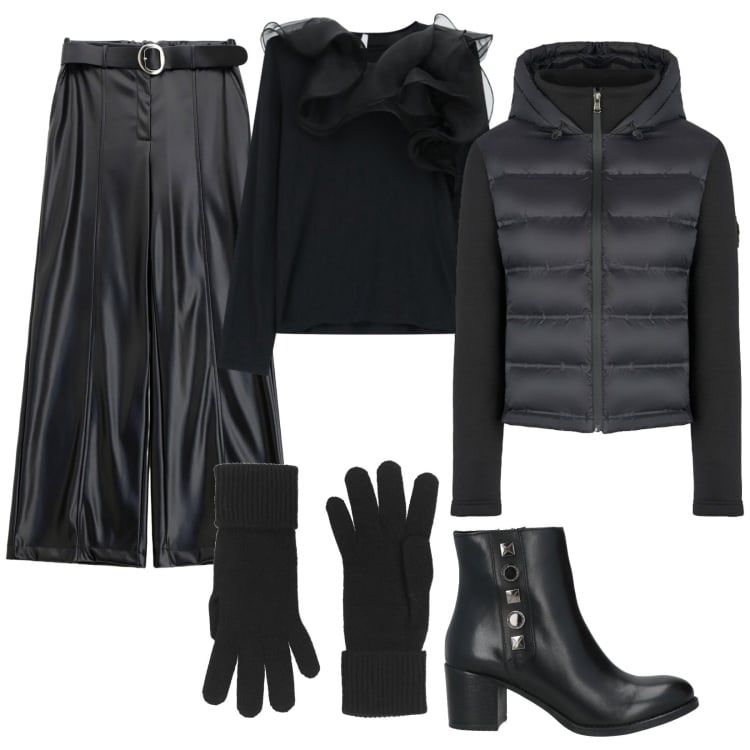 Outfit donna - Pantaloni ampi in pelle. Stile Rock per Tutti i giorni. Abbinamento con stivaletti, guanti, pantaloni, t-shirt, piumini.