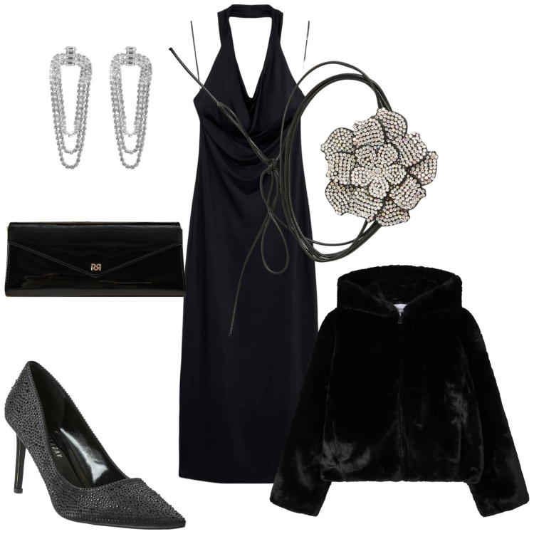 Outfit donna - Eleganza al cenone. Stile Chic per Serata fuori. Abbinamento con pochette, ecopellicce, vestiti lunghi, décolleté, collane, orecchini.