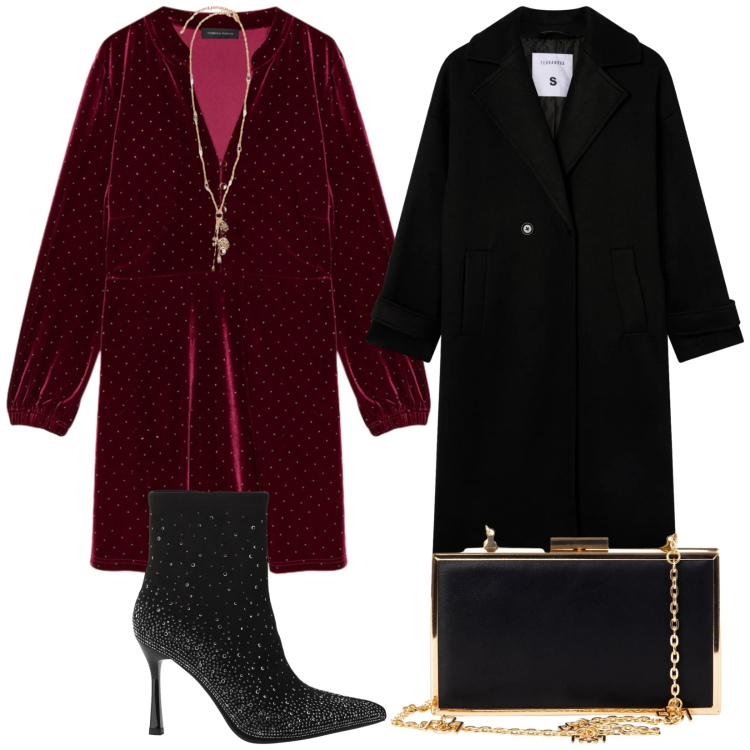 Outfit donna - È festa. per Serata fuori. Abbinamento con pochette, cappotti, stivaletti, vestiti corti, ciondoli.