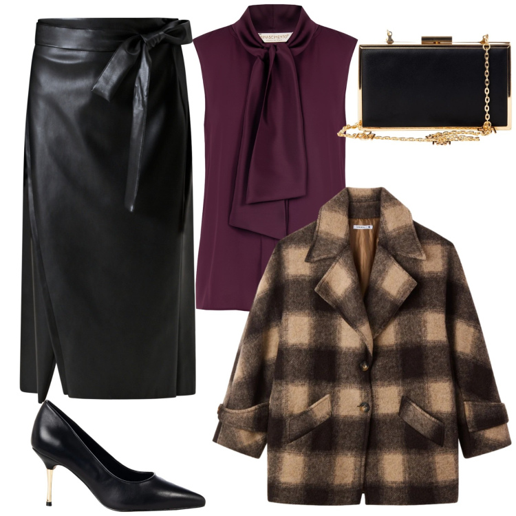 Outfit donna - Christmas night. Stile Sporty chic per Cerimonia. Abbinamento con top, gonne longuette, décolleté, pochette, caban.