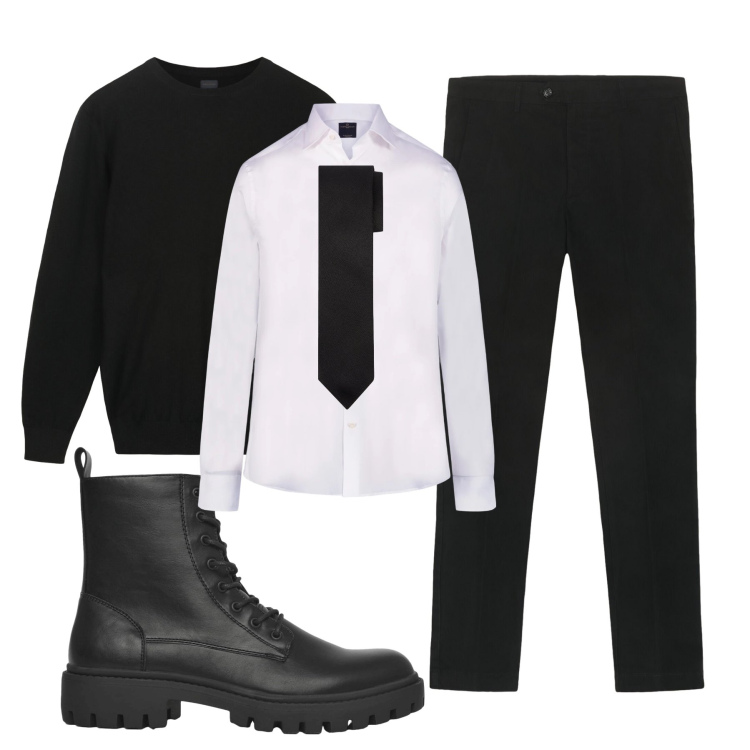 Outfit uomo - Black wolf. Stile Business/Elegante per Serata speciale. Abbinamento con anfibi, pantaloni chino, maglieria, camicie, cravatte.