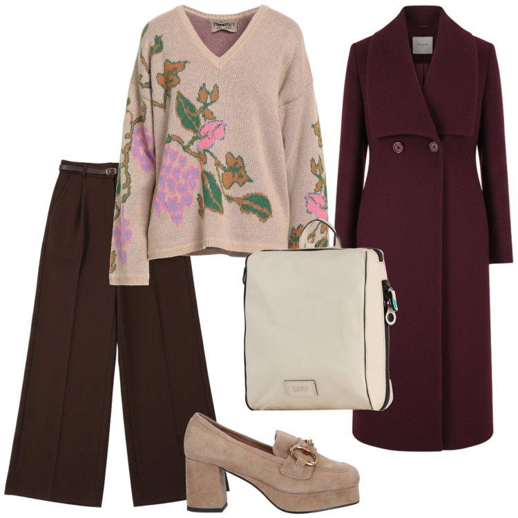 Outfit donna - Pre vigilia. per Tutti i giorni. Abbinamento con mocassini, zaini, pullovers, pantaloni a palazzo, cappotti.