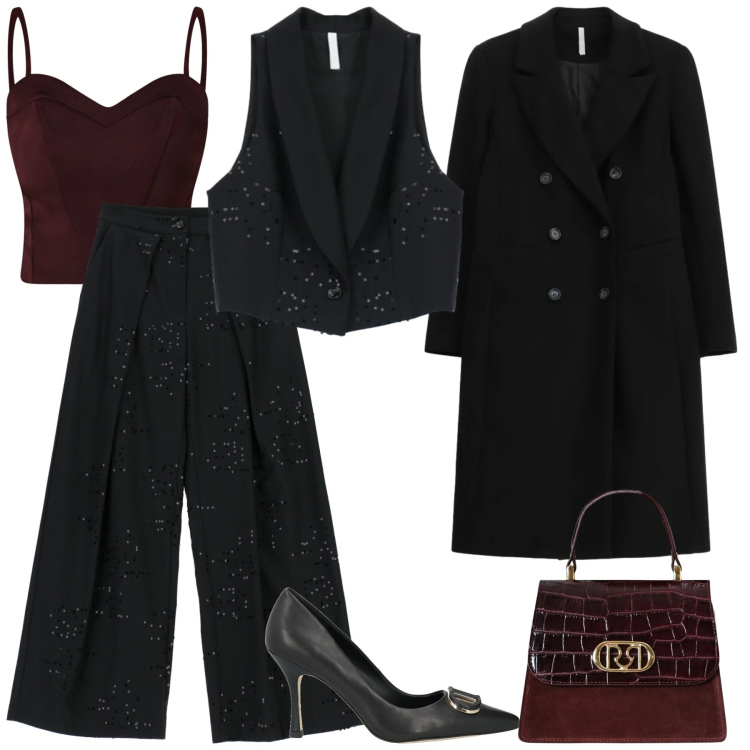 Outfit donna - Total look #2308175. Stile Sexy per Serata fuori. Abbinamento con décolleté, top, borse a mano, cappotti, pantaloni a palazzo, gilet.