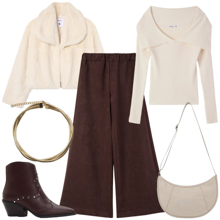 Outfit donna - Total look #2308181. Stile Chic per Serata fuori. Abbinamento con stivaletti texani, maglieria, ecopellicce, pantaloni, collane, borse a spalla.