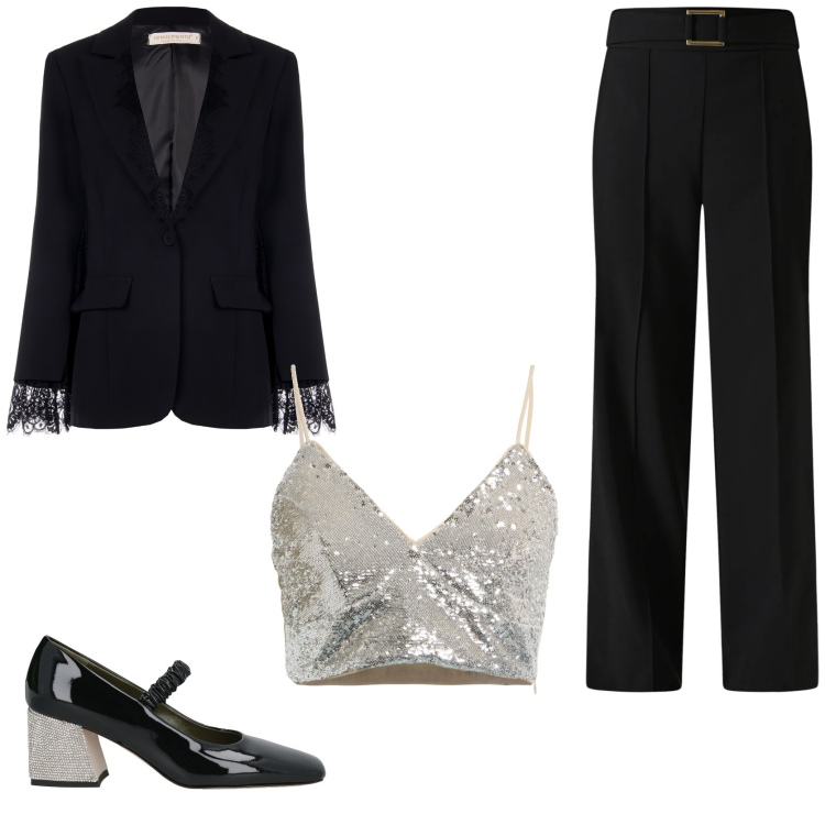 Outfit donna - Capodanno al ristorante. Stile Glamour per Serata fuori. Abbinamento con top, décolleté, pantaloni, blazer.