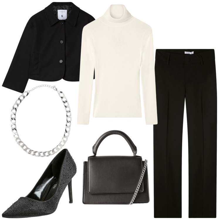 Outfit donna - Total look #2308183. Stile Chic per Serata fuori. Abbinamento con maglieria, décolleté, collane, blazer, borse a tracolla, pantaloni.