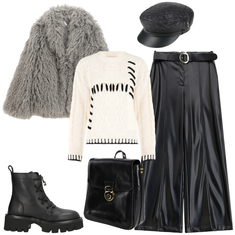 Outfit donna - Total look #2308186. Stile Chic per Tutti i giorni. Abbinamento con anfibi, zaini, cappelli con visiera, maglieria, pantaloni, ecopellicce.