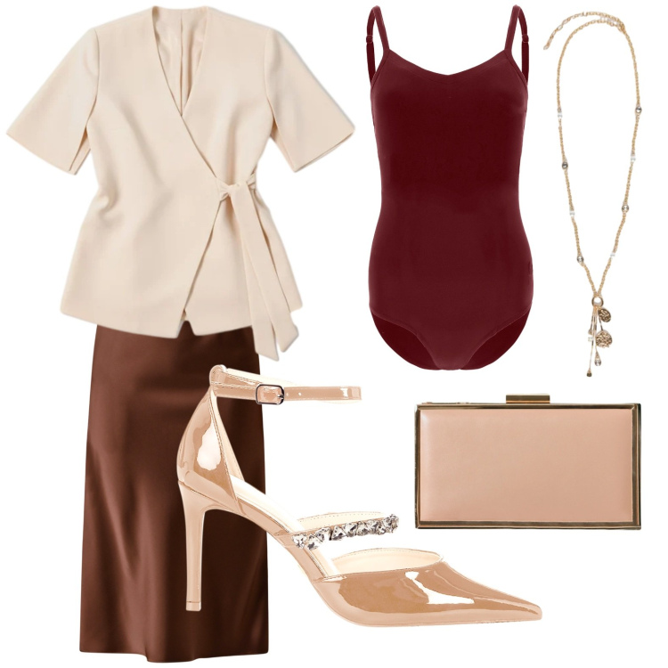 Outfit donna - Toni dorati. Stile Urban per Serata fuori. Abbinamento con bluse, gonne longuette, pochette, décolleté, body, ciondoli.