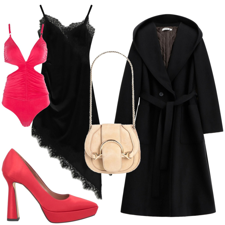 Outfit donna - Eleganza al cenone. Stile Sexy per Serata fuori. Abbinamento con body, décolleté, marsupi, cappotti, vestiti asimmetrici.