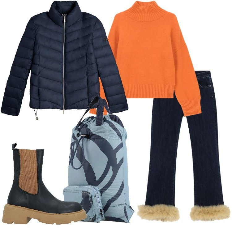 Outfit donna - Si parte. Stile Trendy per Tutti i giorni. Abbinamento con zaini, stivaletti, pantaloni, maglieria, piumini.