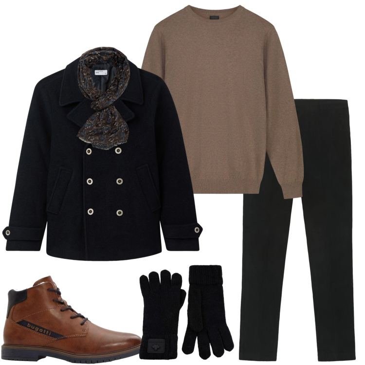 Outfit uomo - Dicembre. Stile Urban per Tutti i giorni. Abbinamento con anfibi, cappotti, guanti, pantaloni chino, maglieria, sciarpe.