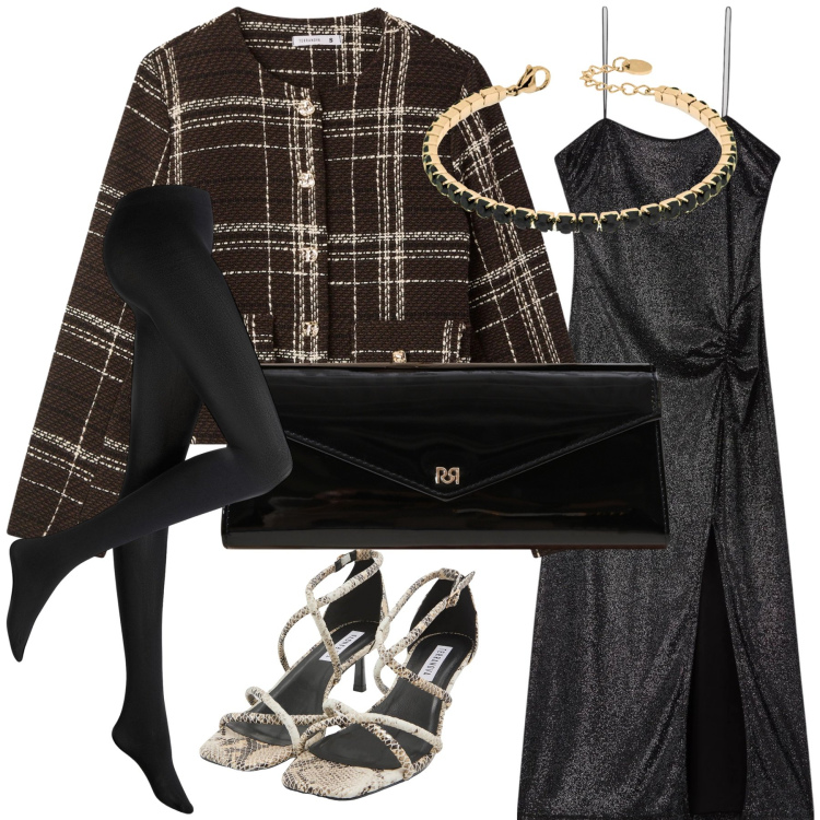 Outfit donna - Brindisi della vigilia. Stile Glamour per Serata fuori. Abbinamento con collant, pochette, vestiti lunghi, sandali col tacco, blazer, braccialetti.