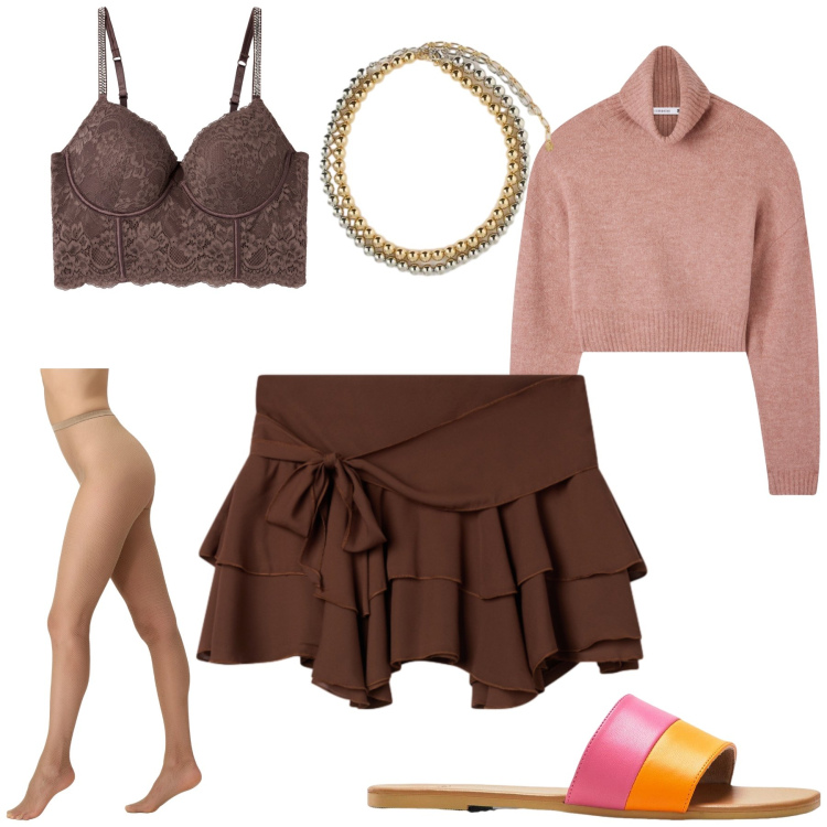 Outfit donna - Romanticismo casalingo. Stile Romantica per Tutti i giorni. Abbinamento con ciabatte, collant, bralette, maglieria, minigonne, collane.