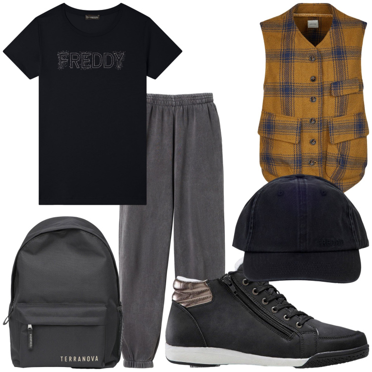 Outfit donna - Ho rubato il suo gilet. Stile Mannish per Tutti i giorni. Abbinamento con sneakers alte, pantaloni, zaini, t-shirt, cappelli con visiera, gilet.