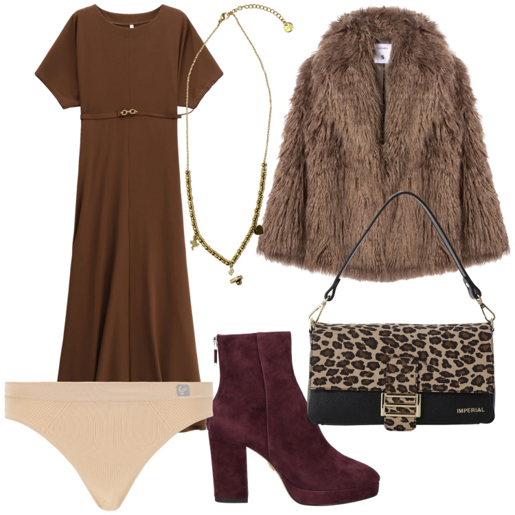 Outfit donna - Total look. Stile Urban per Tutti i giorni. Abbinamento con stivaletti, ecopellicce, vestiti lunghi, borse a spalla, perizomi, ciondoli.