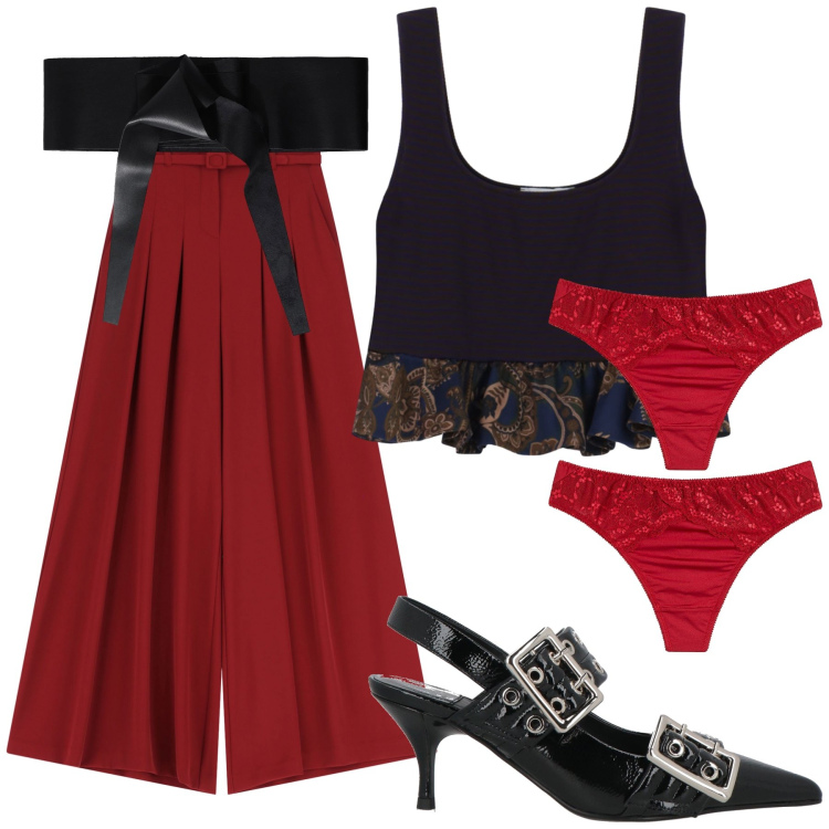 Outfit donna - L ora del brindisi. Stile Glamour per Serata fuori. Abbinamento con perizomi, décolleté, top, pantaloni a palazzo, cinture.