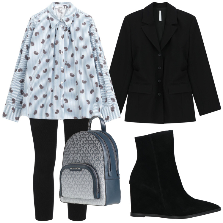 Outfit donna - Ufficio della vigilia. Stile Urban per Ufficio. Abbinamento con stivaletti, zaini, leggings, camicie, blazer.