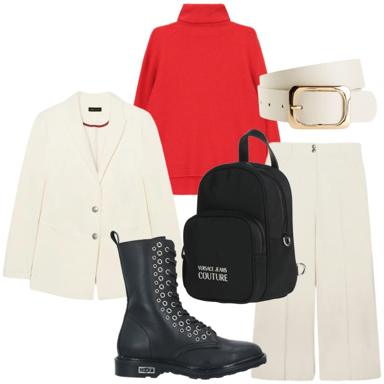 Outfit donna - Da giorno a sera. Stile Urban per Tutti i giorni. Abbinamento con cinture, stivaletti, zaini, maglieria, blazer, pantaloni a palazzo.