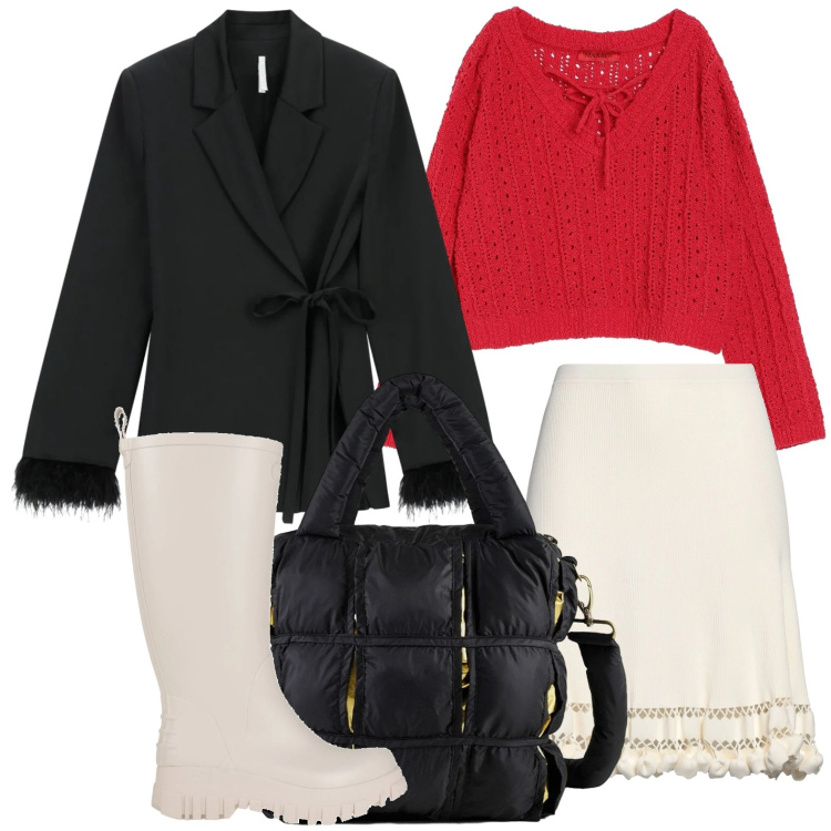 Outfit donna - Uscita con le amiche. Stile Casual per Tutti i giorni. Abbinamento con stivali di gomma, pullovers, minigonne, blazer, borse a mano.