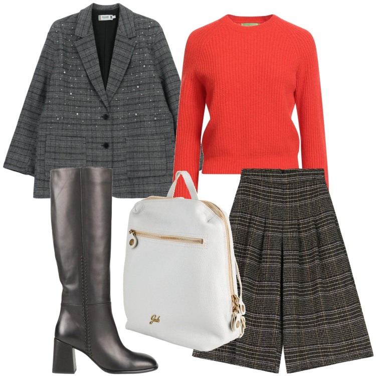 Outfit donna - Cena di lavoro. Stile Glamour per Serata fuori. Abbinamento con zaini, pullovers, stivali, blazer, pantaloni a palazzo.