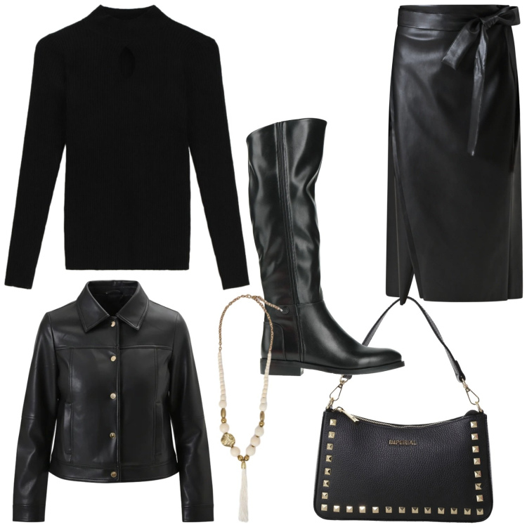 Outfit donna - Rock con grinta. Stile Rock per Tutti i giorni. Abbinamento con stivali, gonne longuette, giacche, pochette, maglieria, ciondoli.