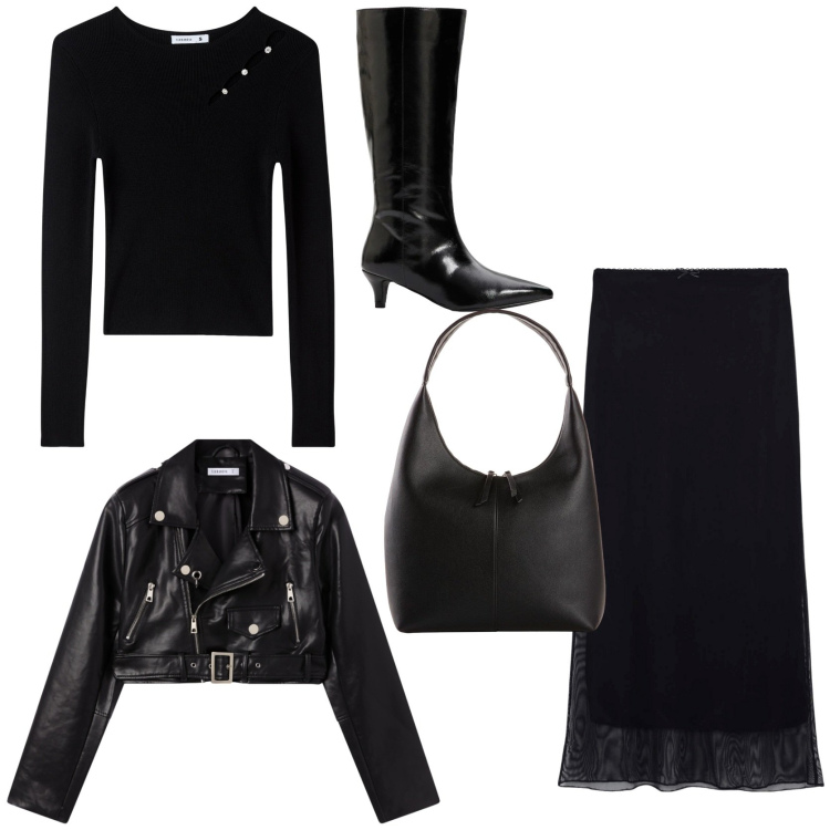 Outfit donna - Nel segno del rock. Stile Rock per Tutti i giorni. Abbinamento con shopping bag, stivali, maglieria, gonne lunghe, giacche.