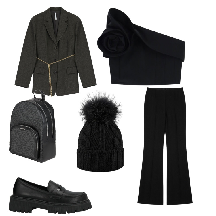 Outfit donna - Serata fuori. per Serata fuori. Abbinamento con mocassini, zaini, top, blazer, berretti, pantaloni a palazzo.